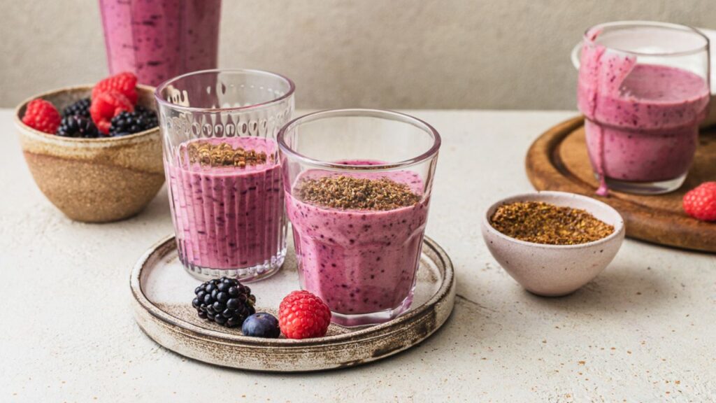 Male Fertility Power Smoothie in glasses, topped with flaxseeds, surrounded by fresh berries—rich in amntioxidants to support sperm health.