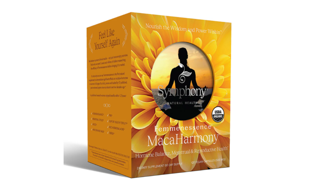 A box of Femmenessence MacaHarmony, a USDA organic supplement designed to support hormone balance, menstrual health, and reproductive wellness. The packaging features a vibrant yellow floral background with a silhouette of a meditative woman, highlighting its focus on natural hormone regulation and fertility support. Contains 120 vegan capsules (500mg each), providing a 60-day supply for preconception and reproductive health.