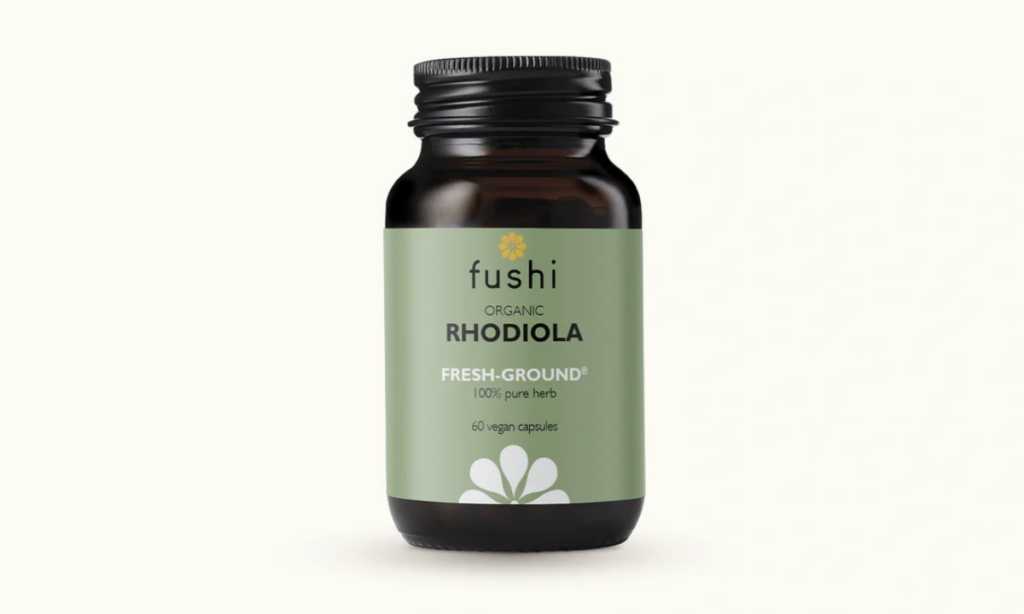 A bottle of Fushi Organic Rhodiola supplement, featuring a minimalist green label with the brand’s logo. The label highlights that it contains 100% pure, fresh-ground Rhodiola in 60 vegan capsules. This adaptogenic herb is known for supporting stress resilience, mental clarity, and energy levels, making it a beneficial addition to a fertility-focused wellness routine.