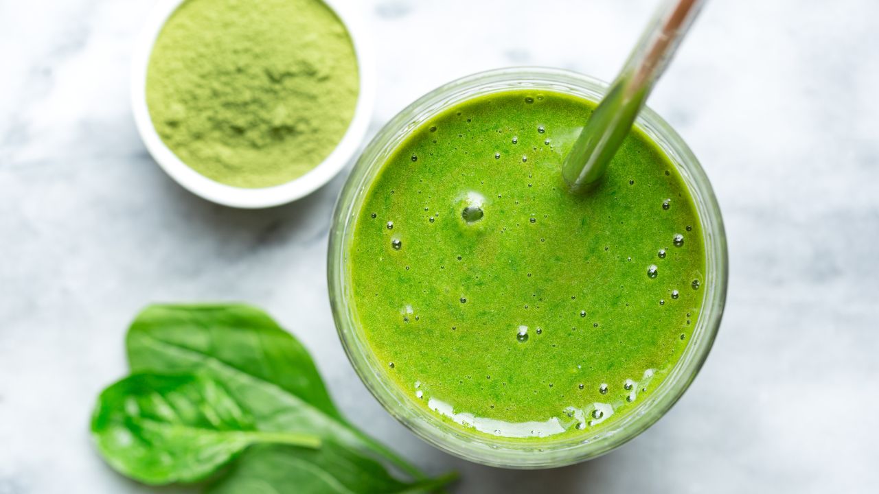 High-protein green smoothie made with spinach, protein powder, and nutrient-rich ingredients to support hormone balance and fertility. A refreshing and nourishing breakfast option packed with antioxidants, fibre, and essential nutrients for reproductive health.